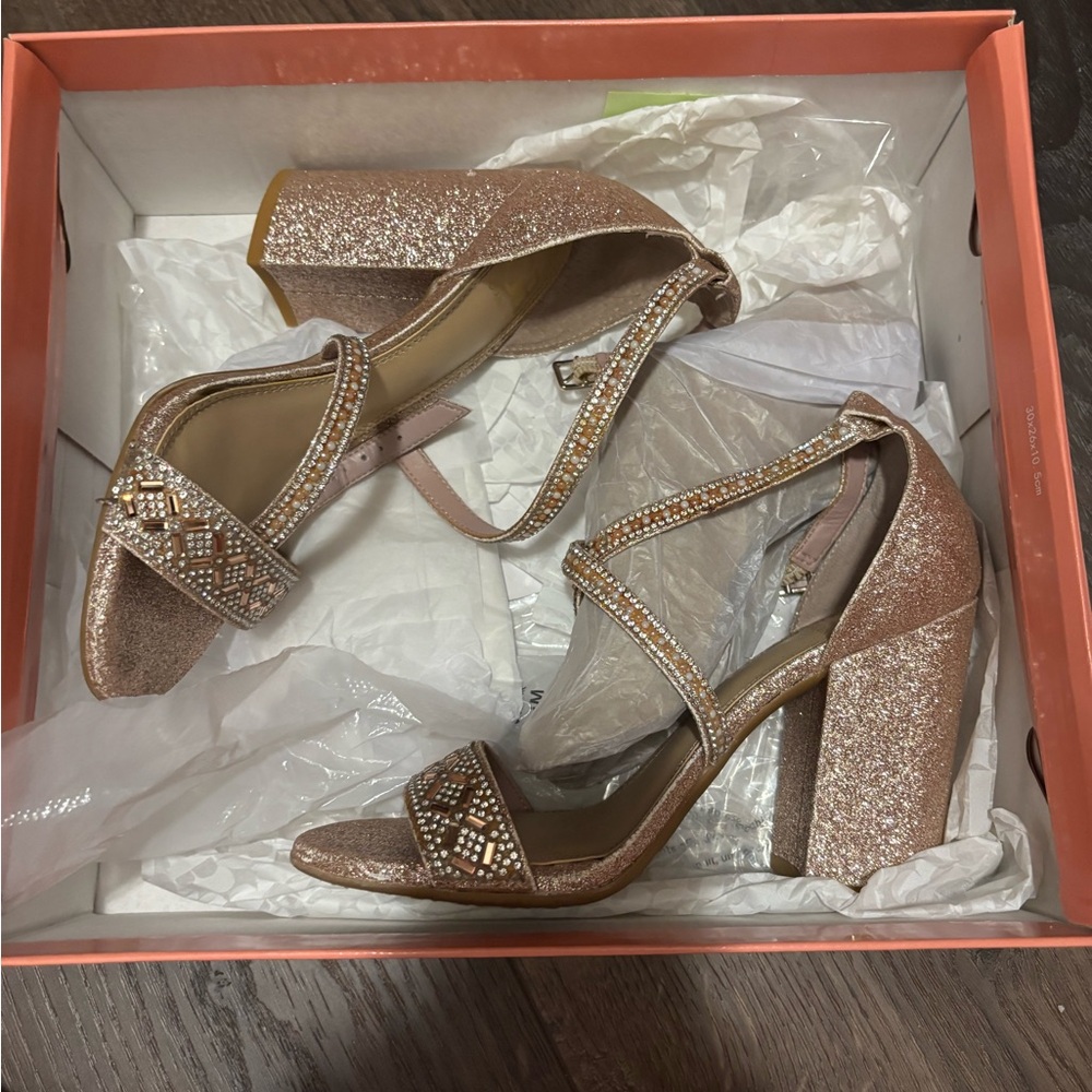 Windsor Rose Gold Glitter Heels with Rhinestone Accents
